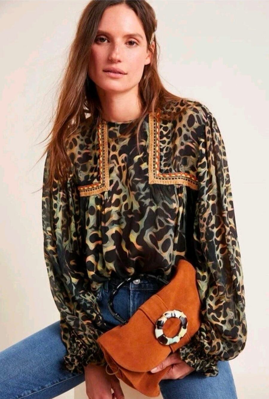 BL-NK for Anthropologie Miranda Joelle Leopard Peasant Top. Size SP. Ret. $128